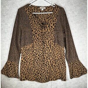 ONE WORLD LEOPARD PRINT LONG SLEEVE TOP Soft Knit BROWN/BLACK SIZE LARGE
